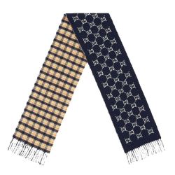 GUCCI 古驰 中性蓝色双G/格纹图案羊毛双面围巾 597527 4G200 4076