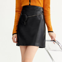 时尚黑皮裙洋气A字裙皮裙半身裙 M 黑色