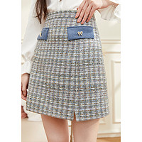 秋水伊人复古格纹半身裙拼色袋盖a字裙 M 蓝色