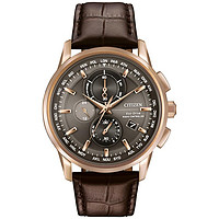 CITIZEN 西铁城 Men's World Chronograph Time AT Eco-Drive Brown Leather Strap Watch 43mm AT8113-04H