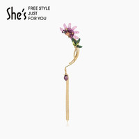 shes茜子耳饰品 大英博物馆拾光花影 原创手工刺绣西番莲无耳洞流苏耳环 左耳耳挂耳夹 送女友闺蜜 粉紫色A0