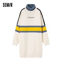 Semir 森马 连衣裙女2021冬季新款撞色拼接高领针织裙直筒显瘦中长款 S 蓝色调