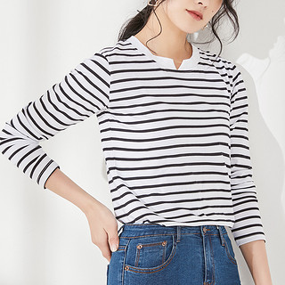 春季新品潮流时尚韩版女款休闲条纹长袖T恤 XL 白黑条