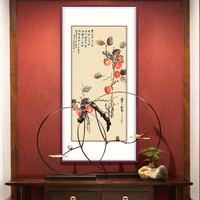 弘舍 新中式玄关装饰画走廊过道壁画餐厅字画书房茶室挂画国画原作版画 张大千 事事如意 典雅紅褐 成品尺寸 宽70*高134cm