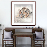 积善 中式客厅老虎装饰画沙发背景墙走廊过道玄关国画竖幅上山虎画挂画壁画 双虎 63.6*63.6cm/幅