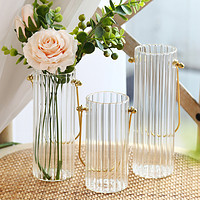 北欧风ins风简约竖条玻璃花瓶透明水养鲜花手提花瓶客厅插花摆件