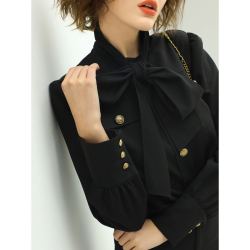 cocobella蝴蝶结干练黑色领结衬衫女早春气质通勤ol长袖衬衣sr52