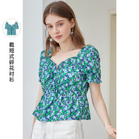 3COLOUR 三彩 木耳边V领系带上衣碎花衬衫泡泡袖截短式衬衣女 M 蓝色
