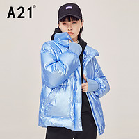A21 女装韩版亮面宽松加厚羽绒服外套2021冬季新款立领时尚面包服 天蓝 L