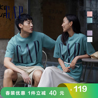 Gap 盖璞 男女装宽松重磅T恤美式复古LOGO字母水洗棉短袖839897夏季 海军蓝 175/92A(S)