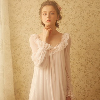 RoseTree宫廷睡裙春秋复古蕾丝家居服公主风冰丝性感睡衣女长袖 M 柔粉色