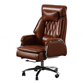 办公室椅子靠背椅座椅老板椅大班椅可躺书桌电脑椅舒适久坐升降椅 棕色-PU皮（可躺） 实木脚 固定扶手