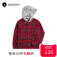 清仓gxgjeans男装秋衬衫男长袖潮流帅气休闲刺绣连帽休闲格子衬衣