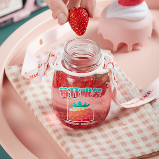 共禾京品草莓桃子新品玻璃杯女可爱夏天带背带杯子茶杯水杯家用户外随手杯 奶油草莓玻璃杯