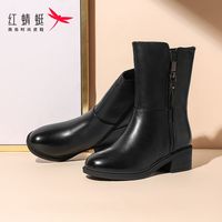 红蜻蜓 RED DRAGONFLY女鞋冬季新款加绒中筒真皮棉靴时尚潮流马丁靴粗跟百搭皮靴