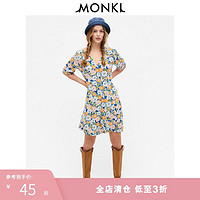 MONKI 2021夏季新款印花V领小清新连衣裙女薄款田园风短裙 0688447