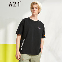 A21 夏季新款男装撞色百搭上衣宽松圆领落肩短袖潮版女T恤情侣款新疆棉字母印花时尚休闲 黑色 165/80A/S