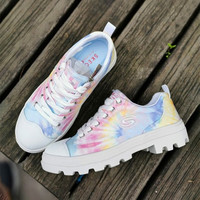 Skechers斯凯奇女鞋彩虹扎染运动休闲鞋厚底松糕帆布鞋788082 白色/多彩色 37