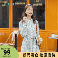 茵曼春秋装新款长袖连衣裙女复古波点本布收腰显瘦田园优雅文艺 浅绿花 M