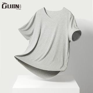 GUJIN 古今 莫代尔薄款T恤睡衣男随心裁无痕男士短袖衫V领居家外穿打底衫 黑灰 XL