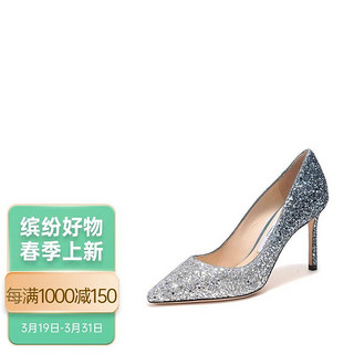 JIMMY CHOO 女士闪光面料高跟鞋银蓝色渐变 ROMY 85 BRE 173 SILVER DUSK BLUE 36码