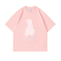 nuthink 卡通情侣可爱毛绒兔子刺绣卡通毛巾绣短袖T恤男潮牌ins女 粉色 L