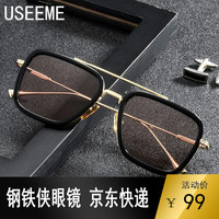 USEEME 钢铁侠眼镜方形太阳镜蜘蛛侠男潮近视紫外线变色墨镜板材钛框架蓝光 黑银框+0度浅蓝尼龙片 黑金框+0度浅茶尼龙片