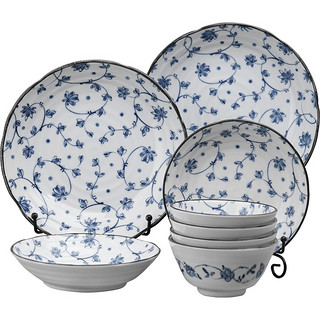 美浓烧日本陶瓷餐具套装家用青花简约盘子碗盘碟组合中日式碗碗盘 蓝华8头套装