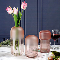 QUANYUE 全悦 简约创意磨砂小口玻璃花瓶渐变粉色竖条水养花瓶家装餐桌客厅摆件