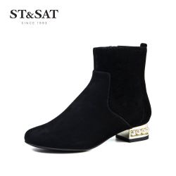 ST&SAT 星期六 冬季商场同款绒面羊皮粗跟套筒短靴女鞋SS74116505