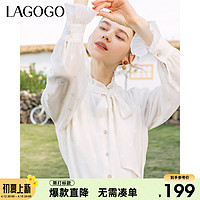 Lagogo2022春新款立领泡泡袖白色雪纺衬衫女通勤上衣蝴蝶结淑女风