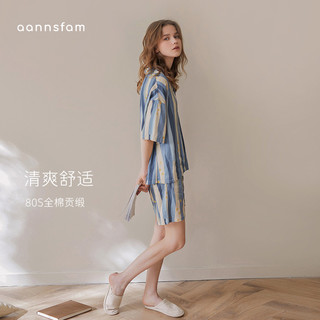 安之伴 纯棉情侣睡衣女夏季新款条纹大码薄款男士可外穿家居服套装