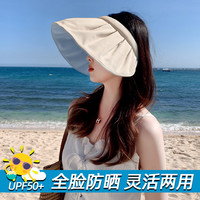 型公馆 防晒帽女夏季防紫外线贝壳帽遮阳帽空顶遮脸太阳帽子夏天薄款春秋 米白色-天蓝底