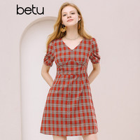 betu 百图 女装红色格子v领连衣裙女短袖收腰显瘦优雅裙子ins潮新品2004T46 红格 XS