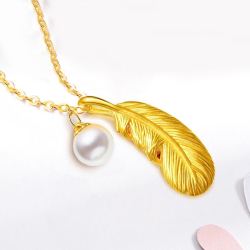 maxlove黄金吊坠女贝珠羽毛挂坠迷你版丘比特之羽配送黄色925链款式