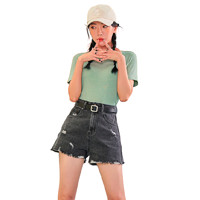HSTYLE 韩都衣舍 H黑科技系列 女士圆领短袖T恤 LU9621 常规款 绿色 M