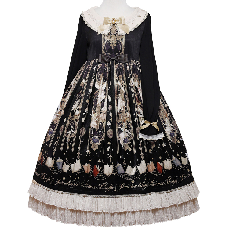 AD 鹿隐 Lolita洛丽塔 妖精工房 女士OP有袖连衣裙 长款 黑色 S