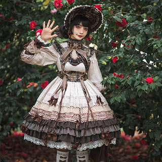 Puppets and Doll 古典玩偶 Lolita洛丽塔 蒸朋 女士OP有袖连衣裙 SP款 棕杏色 S