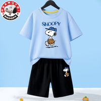 史努比 SNOOPY童装儿童套装男孩夏天两件套宝宝T恤洋气学生运动裤子 浅蓝上领T恤-黑短裤-z书包 110