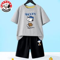 SNOOPY 史努比 童装儿童套装男孩夏天两件套宝宝T恤洋气学生运动裤子 灰色上领T恤-黑短裤-z书包 150