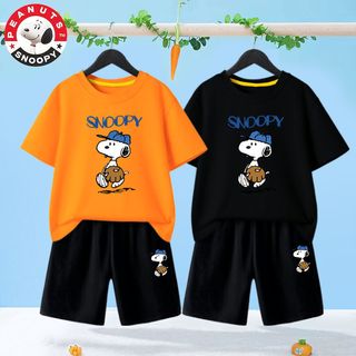 史努比 SNOOPY童装儿童套装男孩夏天两件套宝宝T恤洋气学生运动裤子 黄色上领T恤-黑短裤-z书包 150