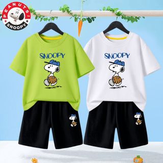 史努比 SNOOPY童装儿童套装男孩夏天两件套宝宝T恤洋气学生运动裤子 黄色上领T恤-黑短裤-z书包 150