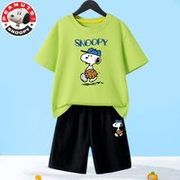 SNOOPY 史努比 童装儿童套装男孩夏天两件套宝宝T恤洋气学生运动裤子 果绿上领T恤-黑短裤-z书包 140