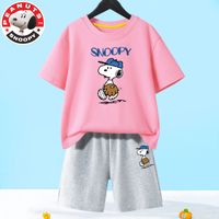 SNOOPY 史努比 童装儿童套装男孩夏天两件套宝宝T恤洋气学生运动裤子 粉色上领T恤-灰短裤-z书包 140