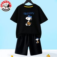 SNOOPY 史努比 童装儿童套装男孩夏天两件套宝宝T恤洋气学生运动裤子 黑色上领T恤-黑短裤-z书包 140