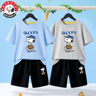 史努比 SNOOPY童装儿童套装男孩夏天两件套宝宝T恤洋气学生运动裤子 果绿上领T恤-灰短裤-z书包 130
