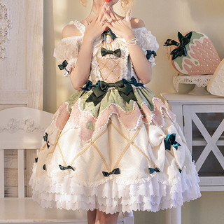 Puppets and Doll 古典玩偶 Lolita洛丽塔 轻酪草莓 女士OP有袖连衣裙 粉白 S