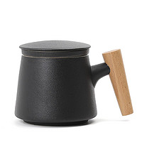 iChoice 创意木柄陶瓷泡茶杯带茶隔带盖过滤茶杯茶水分离杯子花茶杯办公杯 磨砂黑