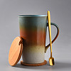 杯子陶瓷马克杯带盖勺茶水杯复古家用咖啡杯创意个性潮流情侣杯 款式-14 +勺+盖+杯垫