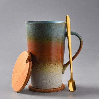 杯子陶瓷马克杯带盖勺茶水杯复古家用咖啡杯创意个性潮流情侣杯 款式-05+勺+盖+杯垫